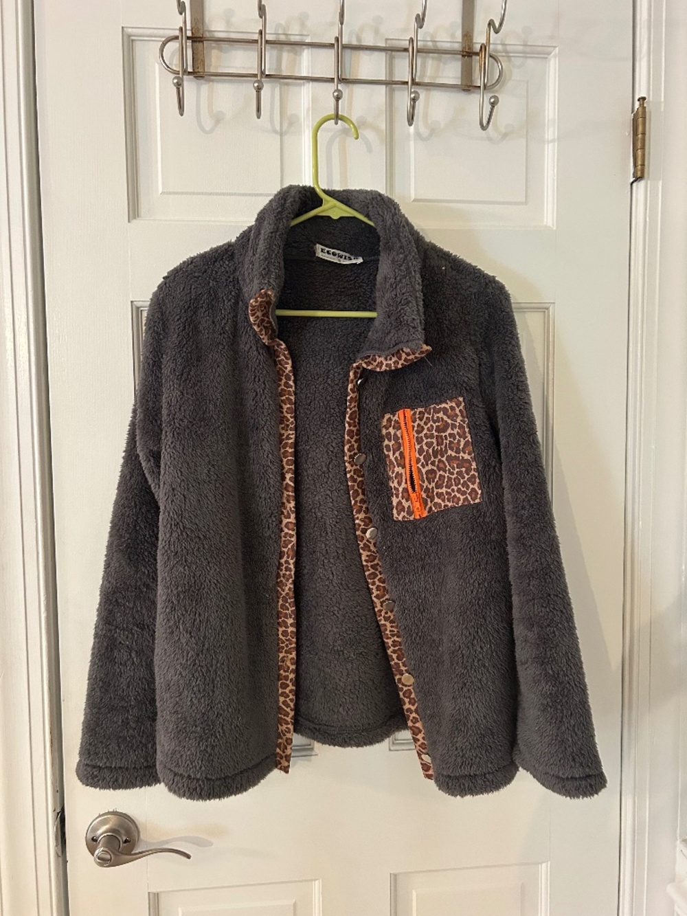 Ecowish Gray Sherpa Fleece Jacket Leopard Trim Zip Pocket Cozy